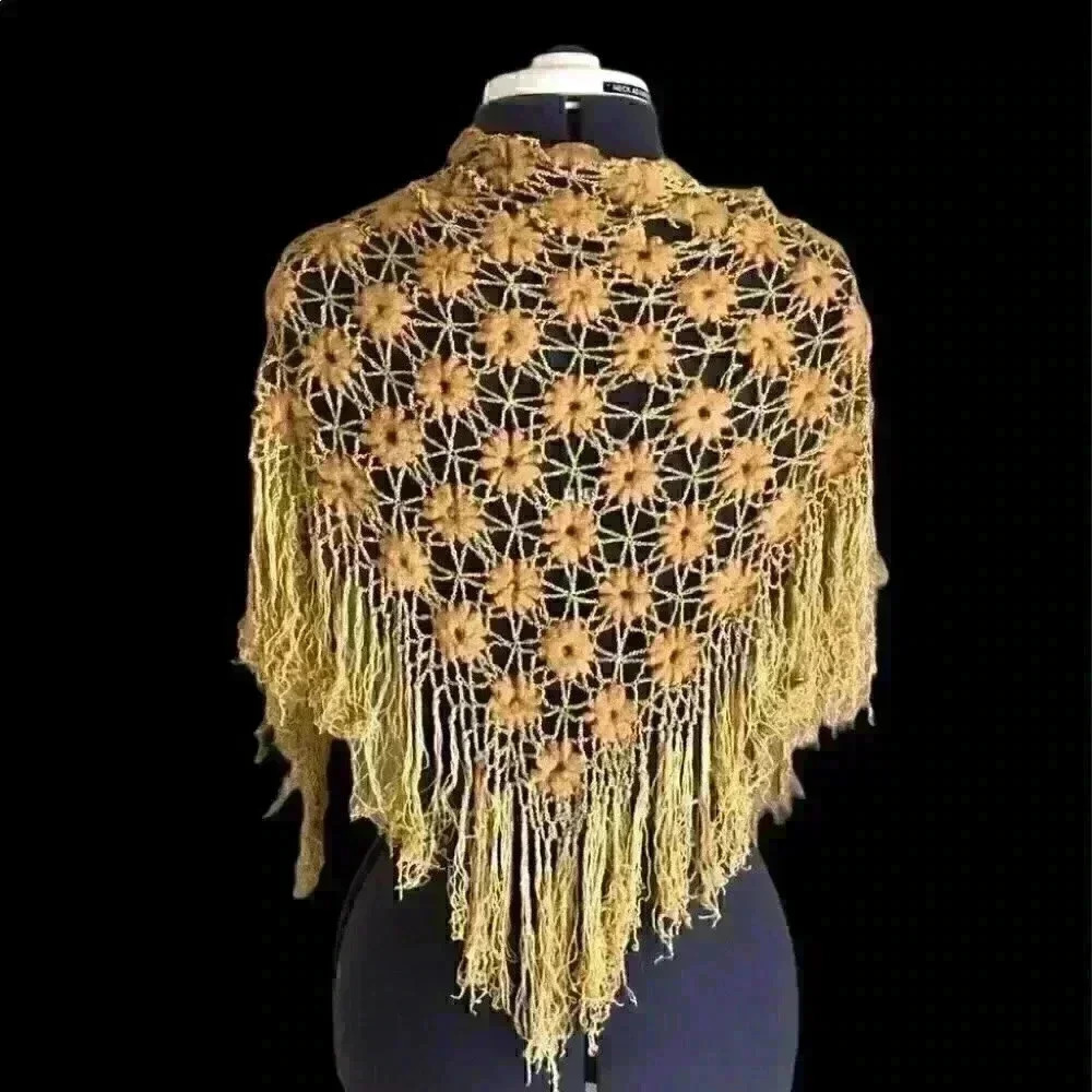 Vtg Wool nylon flower handcrochet mustard yellow shawl scarf